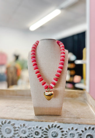 Beaded Heart Necklace - Dark Pink