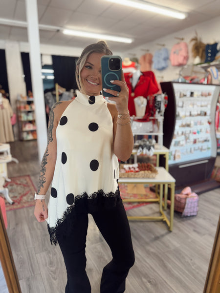 Polka Dot Halter Tank with Lace
