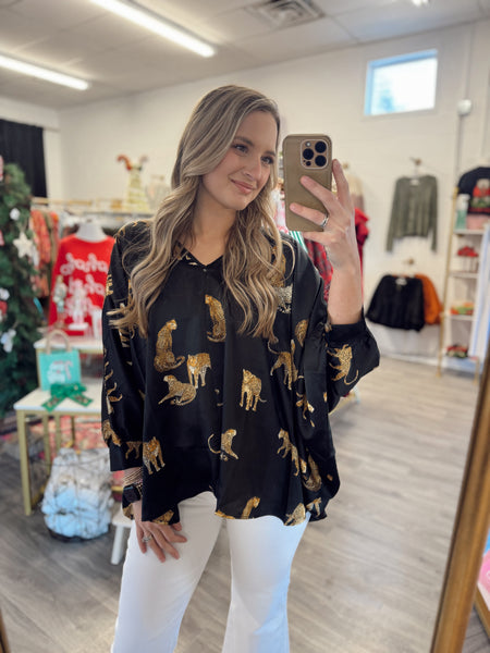 Satin Leopard Blouse - Black