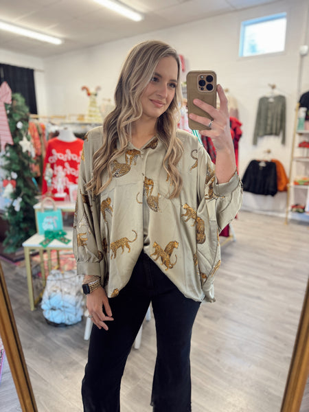 Satin Leopard Blouse - Sage