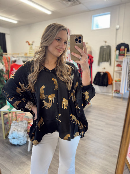 Satin Leopard Blouse - Black