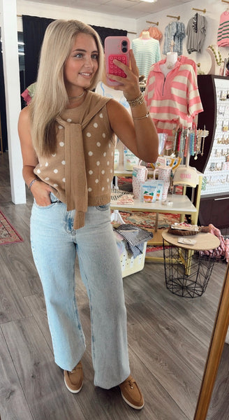 Polka Dot Sweater Knit Top - Camel