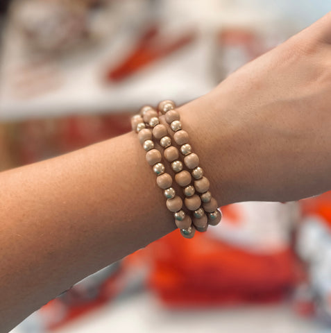 Mini Beaded Bracelet Set - Tan & Gold