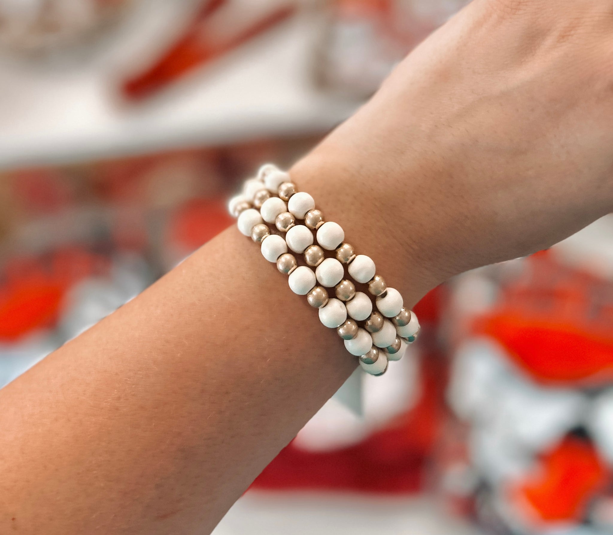 Mini Beaded Bracelet Set - White & Gold