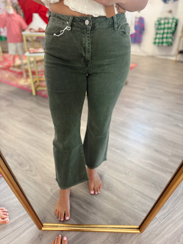 Acid Washed Frayed Hem Jeans - Olive