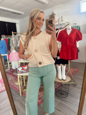 Gold Button Chunky Sweater Vest - Cream