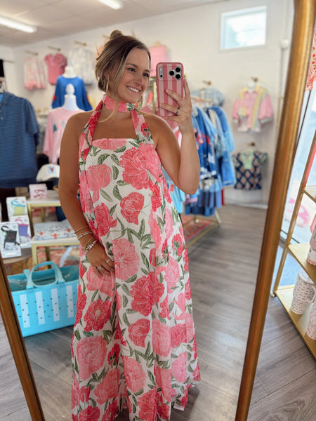 Peony Floral Chiffon Neck Drape Maxi Dress