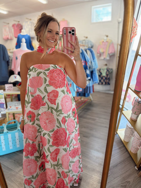 Peony Floral Chiffon Neck Drape Maxi Dress