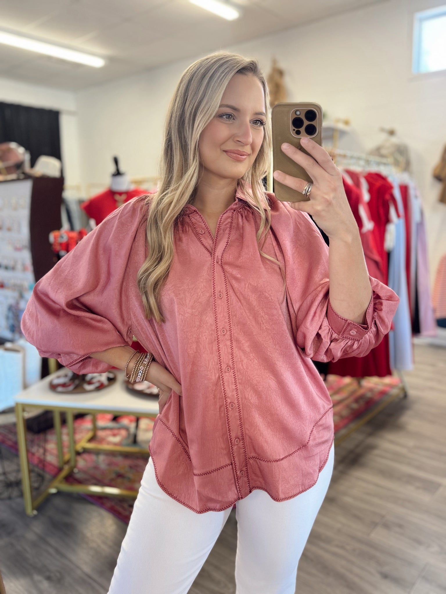 Satin Ballon Sleeve Blouse - Rose