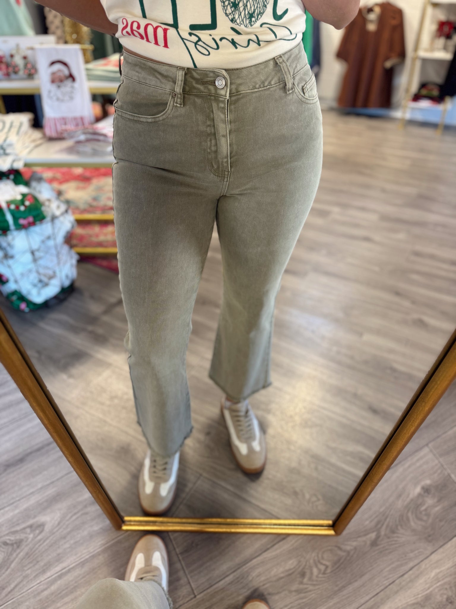 Acid Washed Frayed Hem Jeans - Olive