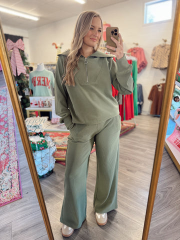 Ribbed Half Zip Pant Set - Olive