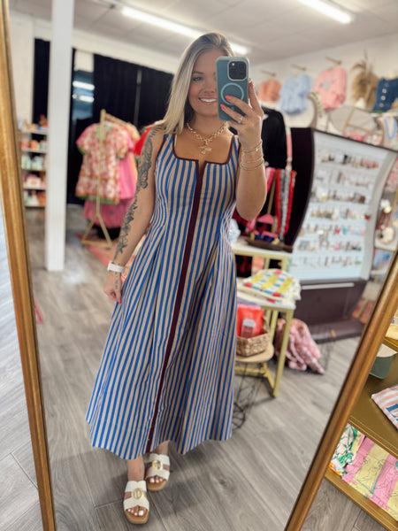 Striped Sleeveless Midi Dress - Burgundy/Blue