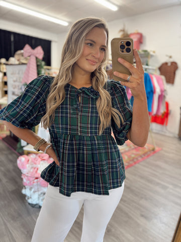 Holiday Bow Blouse - Green Plaid