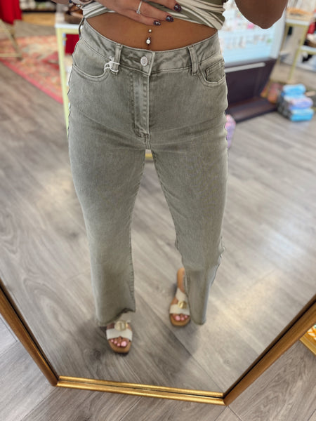 Acid Washed Fray Hem Jeans - Light Olive