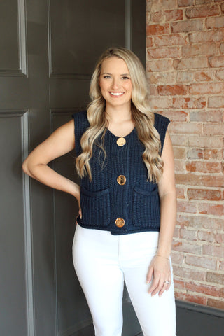 Gold Button Chunky Sweater Vest - Navy