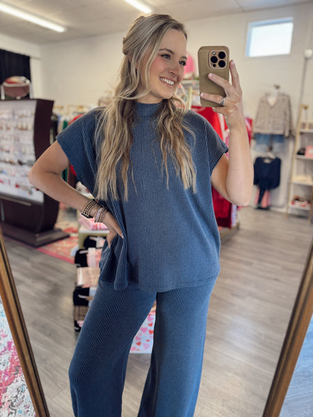 Everyday Ribbed Pant Set - Marine Blue